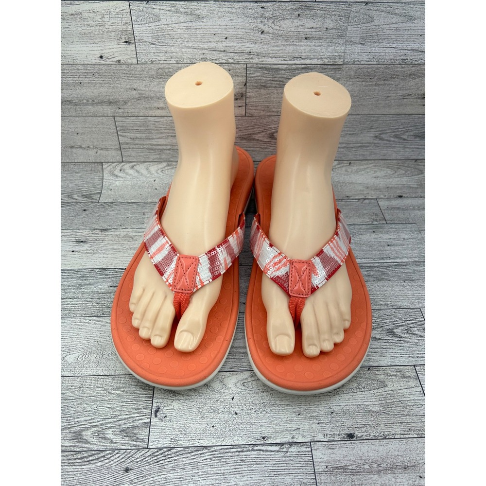 Vionic Tide Sequins Orange Plaid Orthotic Thong Sandals Women Sz 10 44TIDESQ